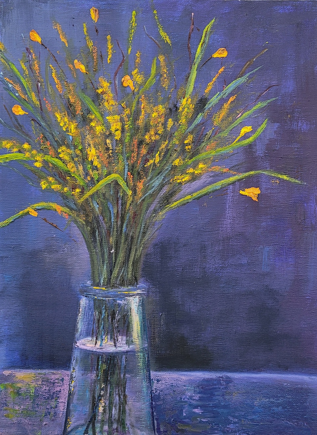 still life yellow flowers purple bg